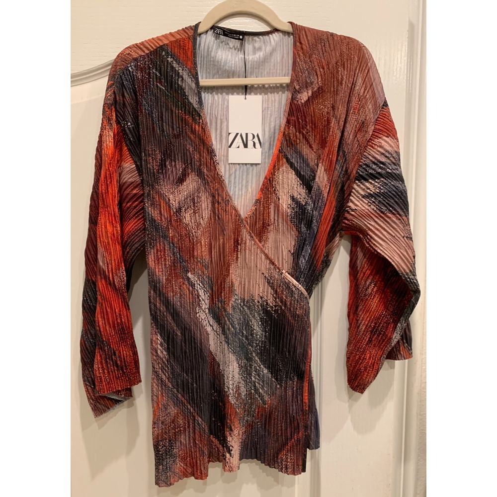 NWT Zara Womens‎ Long Sleeve Pleated Printed Wrap Tie Kimono Top Sz M
